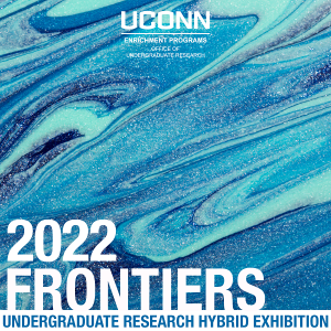 Over a blue and aqua marbled image, text reads, 2022 Frontiers Undergraduate Research Hybrid Exhibition