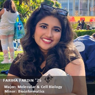 OUR Peer Research Ambassador Fariha Fardin '25. Major: Molecular & Cell Biology, Minor: Bioinformatics.