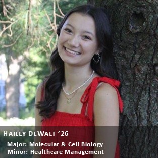 OUR Peer Research Ambassador Hailey DeWalt '26, Major: Molecular & Cell Biology; Minor: Healthcare Management.