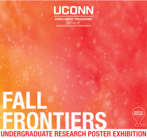 Over a speckled red and orange watercolor background, text reads, Fall Frontiers Undergraduate Research Poster Exhibition, October 23, 2024, 5-7pm, Wilbur Cross North Reading Room.