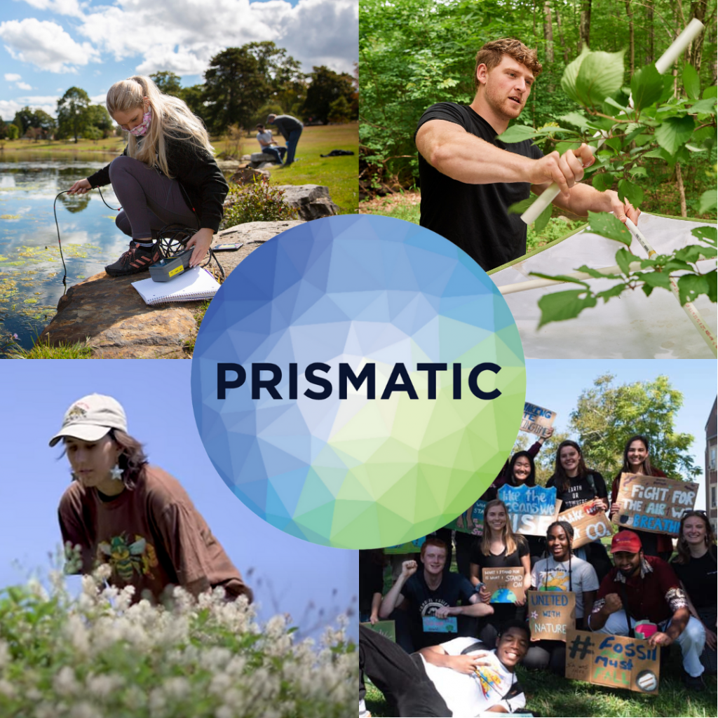 A grid of four images show a student testing the water in Mirror Lake, a student collecting samples from a tree branch, a group of students participating in a climate strike, and a student observing bee behavior. Overlaid at the center is a faceted circle in shades of blue and green with text reading PRISMATIC.