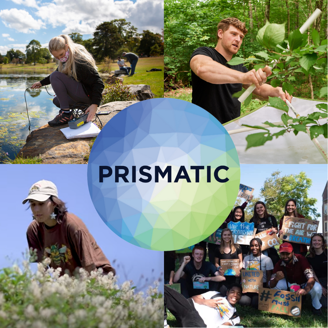 4 photos featuring students in various stage of research arranged in a collage. The word "PRISMATIC" overlays the collage.