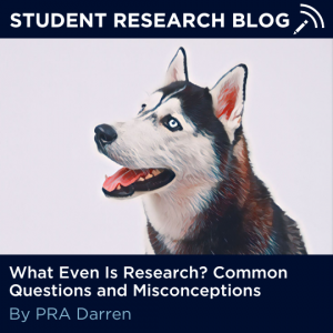 Picture of mascot Jonathan in a painterly style with text: Student Research Blog, What Even Is Research? Common Questions and Misconceptions. By PRA Darren.