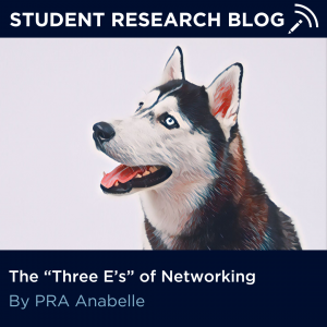 Picture of Jonathan Husky in a painterly style with the text: Student Research Blog, The Three E's of Networking, By PRA Anabelle.