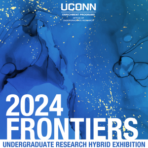 Over an abstract background of various blue shades and gold flecks, the UConn OUR wordmark is centered. Below, text reads, 2024 Frontiers Undergraduate Research Hybrid Exhibition.