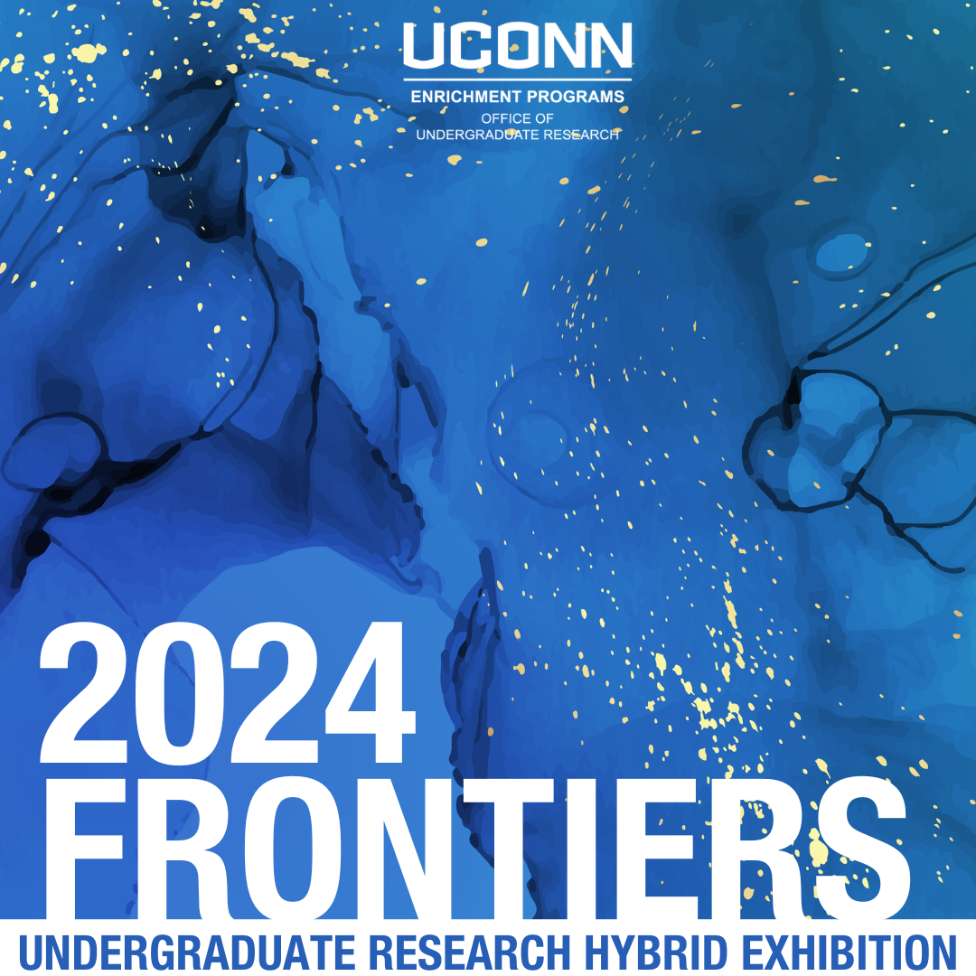 Over a blue background of swirls with gold accents, the UConn OUR wordmark is centered. Below, text reads, 2024 Frontiers Undergraduate Research Hybrid Exhibition. 