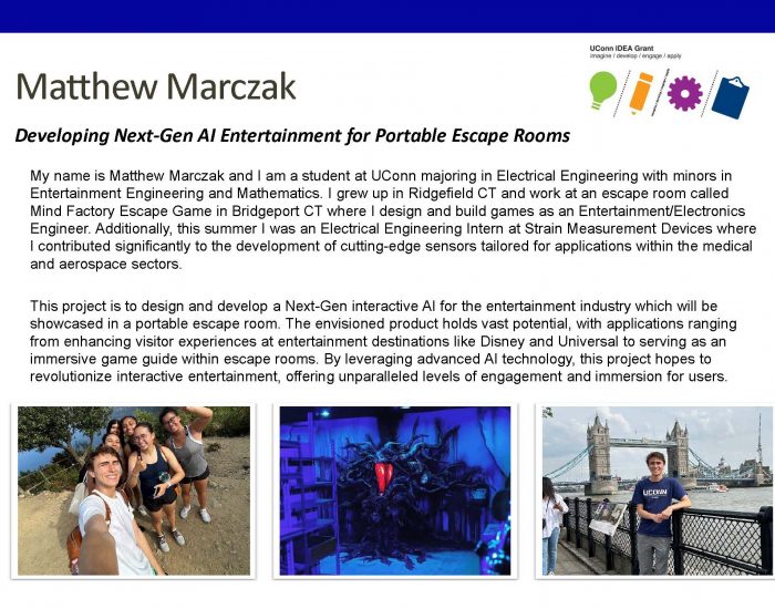 Bio for UConn IDEA Grant recipient Matthew Marczak '26, Electrical Engineering major.