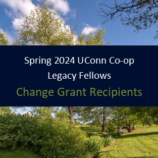 Image of trees on the UConn Storrs campus with text: Spring 2024 UConn Co-op Legacy Fellows - Change Grant Recipients.