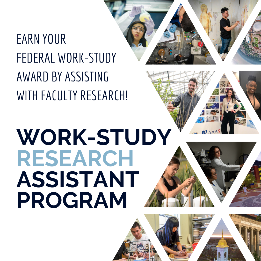 Text on a white background stating: Earn Your Federal Work-Study Award by assisting with faculty research! Work-Study Research Assistant Program.  Images on the right in triangle frames depict students in various research locations.