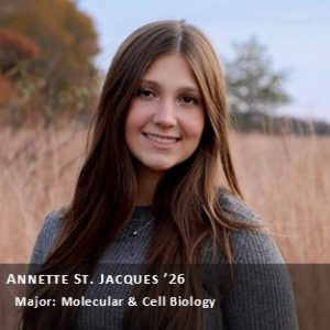 OUR Peer Research Ambassador Annette St. Jacques '26, Major: Molecular & Cell Biology.