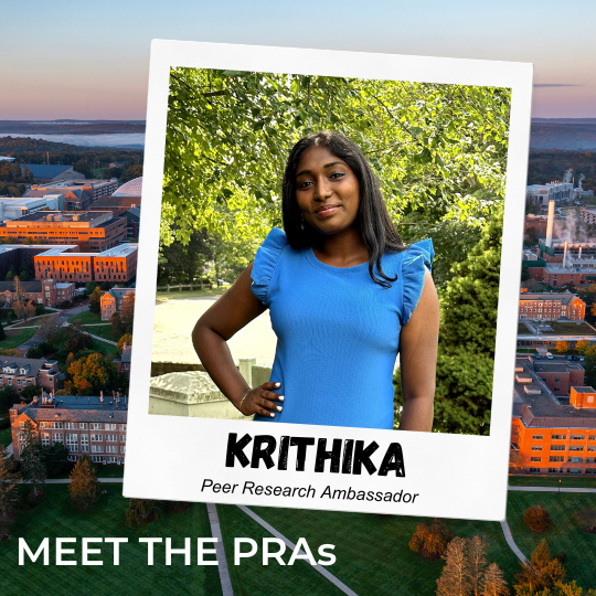 Picture of Peer Research Ambassador Krithika Santhanam with text "Meet the PRAs - Krithika" and a link this site - https://ugradresearch.uconn.edu/2024/10/16/meet-the-pras-krithika-santhanam-2/.