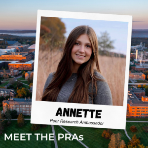 Picture of PRA Annette St. Jacques with text "Meet the PRAs, Annette, Peer Research Ambassador" and link to her post - https://ugradresearch.uconn.edu/2024/09/24/meet-the-pras-annette-st-jacques/.