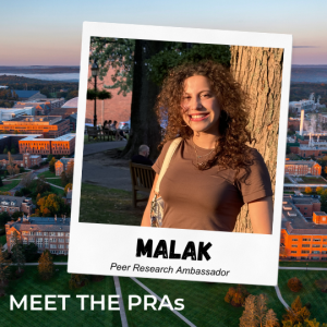 Picture of OUR Peer Research Ambassador Malak, link to a "Meet the PRAs" profile of Malak.