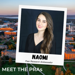 Picture of PRA Naomi Benningfield with text "Naomi, Peer Research Ambassador" and link to a Meet the PRAs profile.