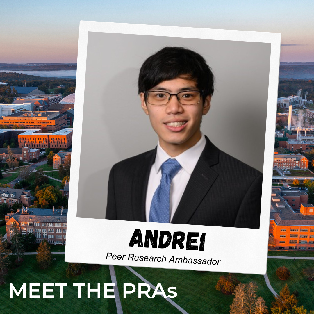 Picture of Peer Research Ambassador Andrei Abarientos with text "Meet the PRAs - Andrei" and a link this site - https://ugradresearch.uconn.edu/2024/10/09/meet-the-pras-andrei-abarientos/.