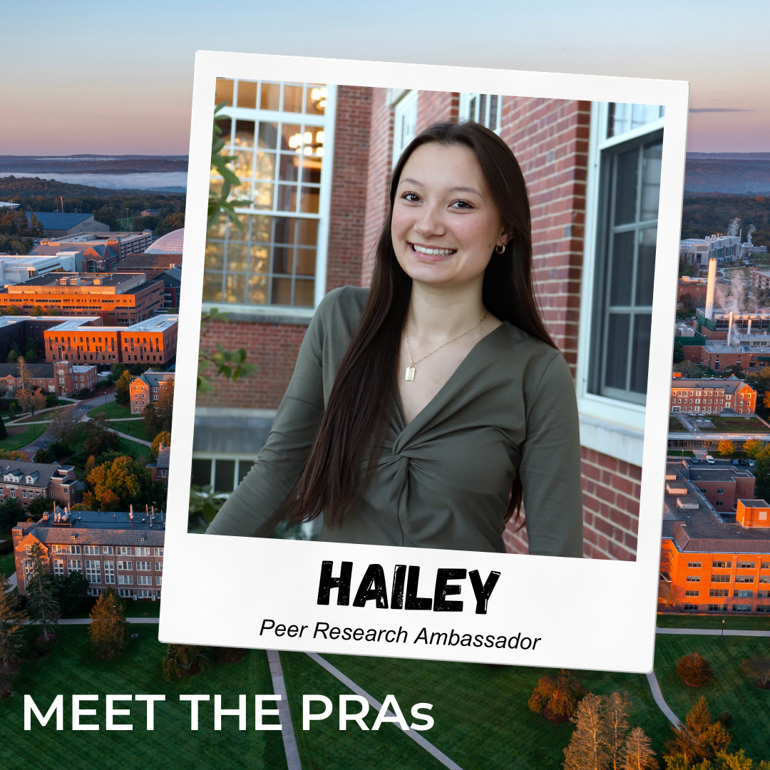 Picture of PRA Hailey DeWalt with text "Hailey, Peer Research Ambassador, Meet the PRAs" with link: https://ugradresearch.uconn.edu/2024/11/04/meet-the-pras-hailey-dewalt/. 