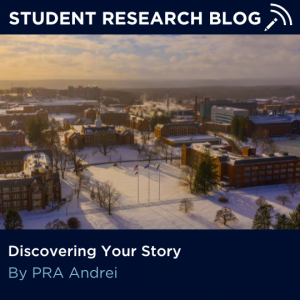 Snowy overhead picture of the Wilbur Cross building and adjacent buildings on the Storrs campus with text "Student Research Blog: Discovering Your Story, By PRA Andrei"