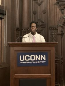 Picture of a speaker at the First Generation Favors Leadership Event held by UConn Co-op Legacy Fellow Zachary Boudah '25