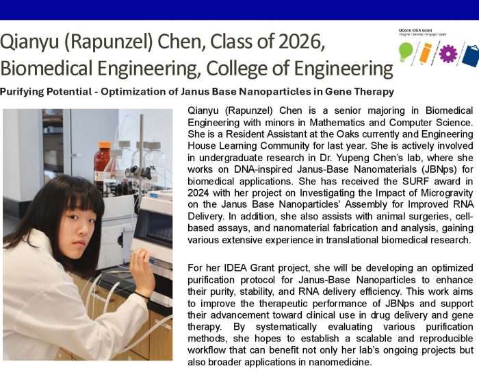 Picture of IDEA Grant recipient Qianyu (Rapunzel) Chen '26, Biomedical Engineering, ENG, Project: Purifying Potential - Optimization of Janus Base Nanoparticles in Gene Therapy.