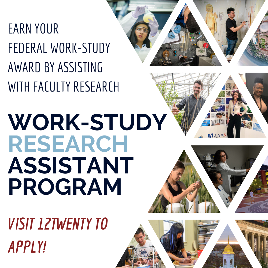 Text reading: Earn your federal work-study award by assisting with faculty research. "Work Study Research Assistant Program:" Visit 12Twenty to Apply.