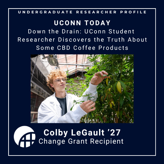 Text: "UConn Today - Down the Drain: UConn Student Researcher Discovers the Truth About Some CBD Coffee Products - Colby LeGault '27, Change Grant Recipient" with link - https://today.uconn.edu/2025/08/down-the-drain-uconn-student-researcher-discovers-the-truth-about-some-cbd-coffee-products/.