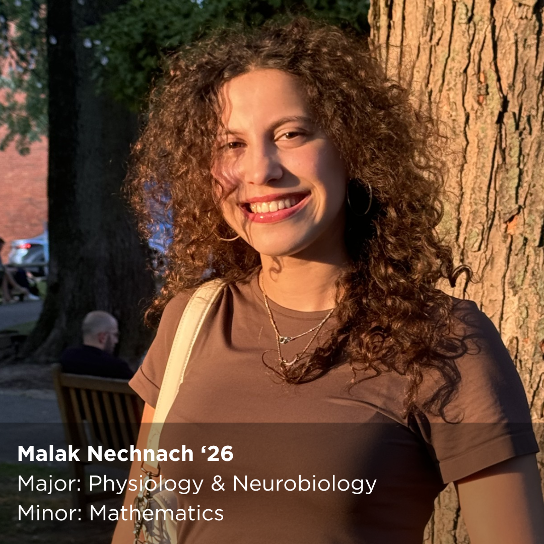 OUR Peer Research Ambassador Malak Nechnach '26, Major: Physiology & Neurobiology, Minor: Mathematics.
