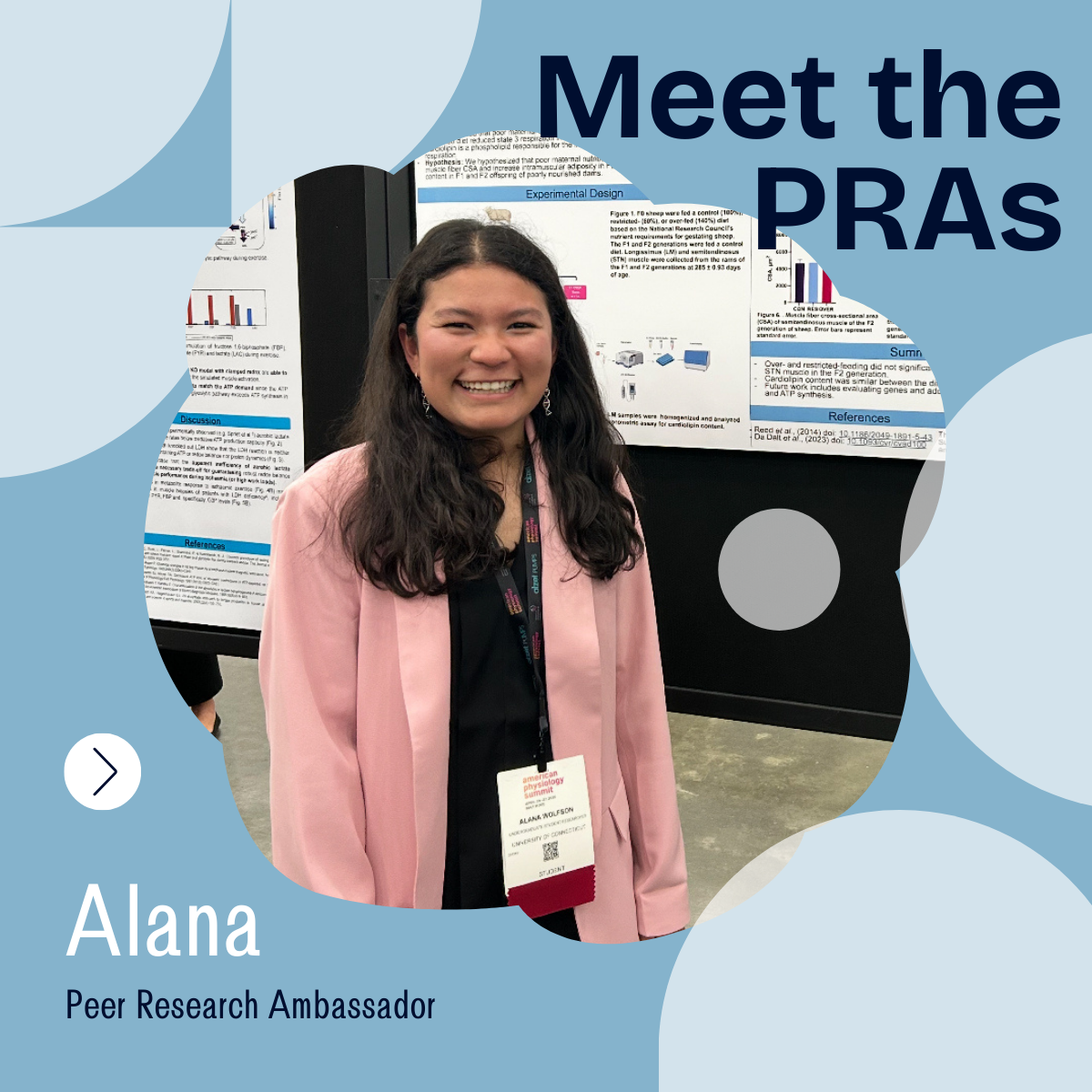 Photo of a Peer Research Ambassador with the text "Meet the PRAs" in the top right corner and the name "Alana, Peer Research Ambassador" in the bottom right corner.