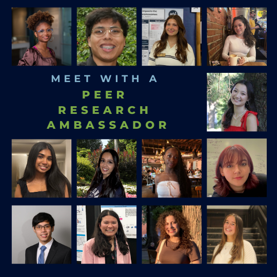 ictures of the 13 OUR Peer Research Ambassadors and text: "Meet with a Peer Research Ambassador" and link: https://ugradresearch.uconn.edu/meet-with-a-pra/.
