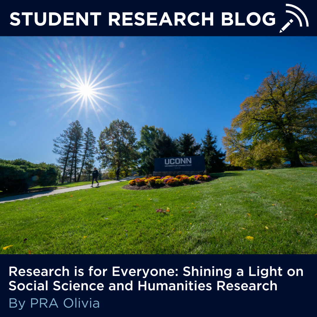 Text that reads: "Student Research Blog" on top with "Research is For Everyone: Shining a Light on Social Science and Humanities Research by PRA Olivia" at the bottom. In the middle of the two texts is an image of two students sitting in silhouette back to back on either side of a wall. A window behind them illuminates them.