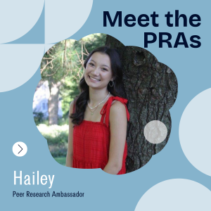 Text that reads "Meet the PRAs" in upper right corner. Photo of a Peer Research Ambassador in the middle. Text that reads "Hailey/Peer Research Ambassador" in lower left corner.