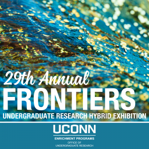Teal blue background with gold specks. White text that reads 29th annual Frontiers in Undergraduate Research Hybrid Exhibition.