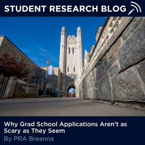 UConn Law School's stone exterior with the text "Student Research Blog" on top with "Why Grad School Applications Aren't as Scary as They Seem" on the bottom.