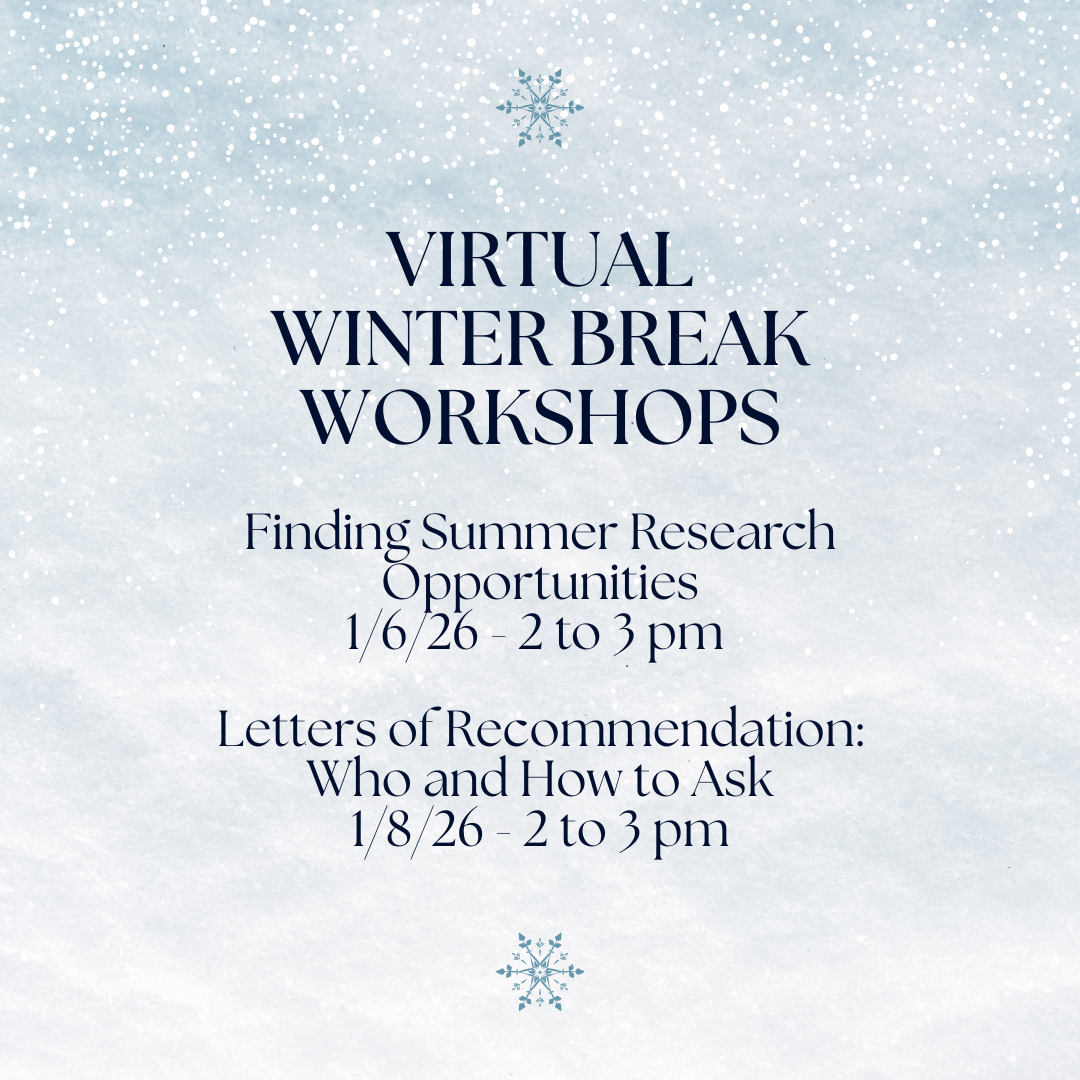 Background of snow. Text reads over: Virtual WInter Break Workshops, Finding Summer Research Opportunities 1/6/26 - 2 to 3 pm, Letters of Recommendation: Who and How to Ask 1/8/26 - 2 to 3 pm