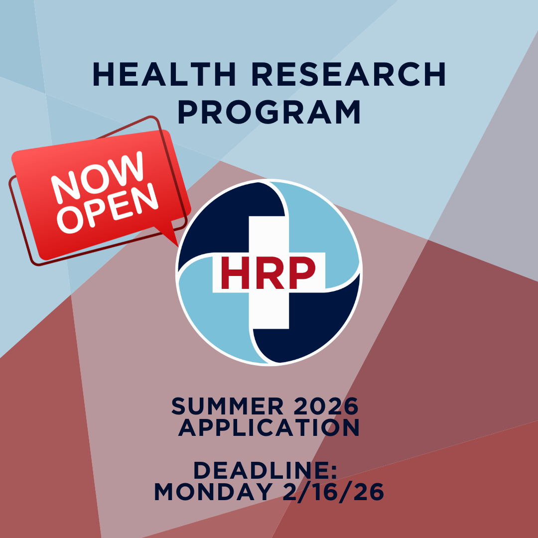 Text reads: Health Research Program over text that reads "Summer 2026 Application Deadline: Monday 2/16/26." Click the icon to be lead to the program page.