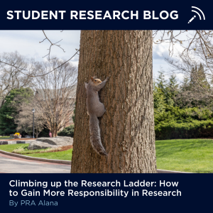 Photo of a squirrel climbing a tree with text that reads "Student Research Blog" at the top and "Climbing up the Research Ladder: How to Gain More Responsibility in Research by PRA Alana" at the bottom.