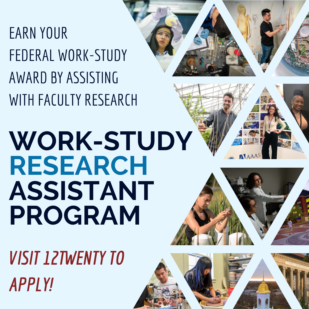 This image includes text encouraging students with federal work-study awards to apply for positions using the 12Twenty student job application portal. Images of students engaging in different types of research projects is included.
