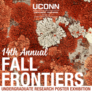 Image of multiple lichens in dark red, light red and gray colors with text reading 14th Annual Fall Frontiers in white. 