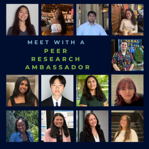 Photos of our Peer Research Ambassadors with the text "Meet with a Peer Research Ambassador" overlaying.