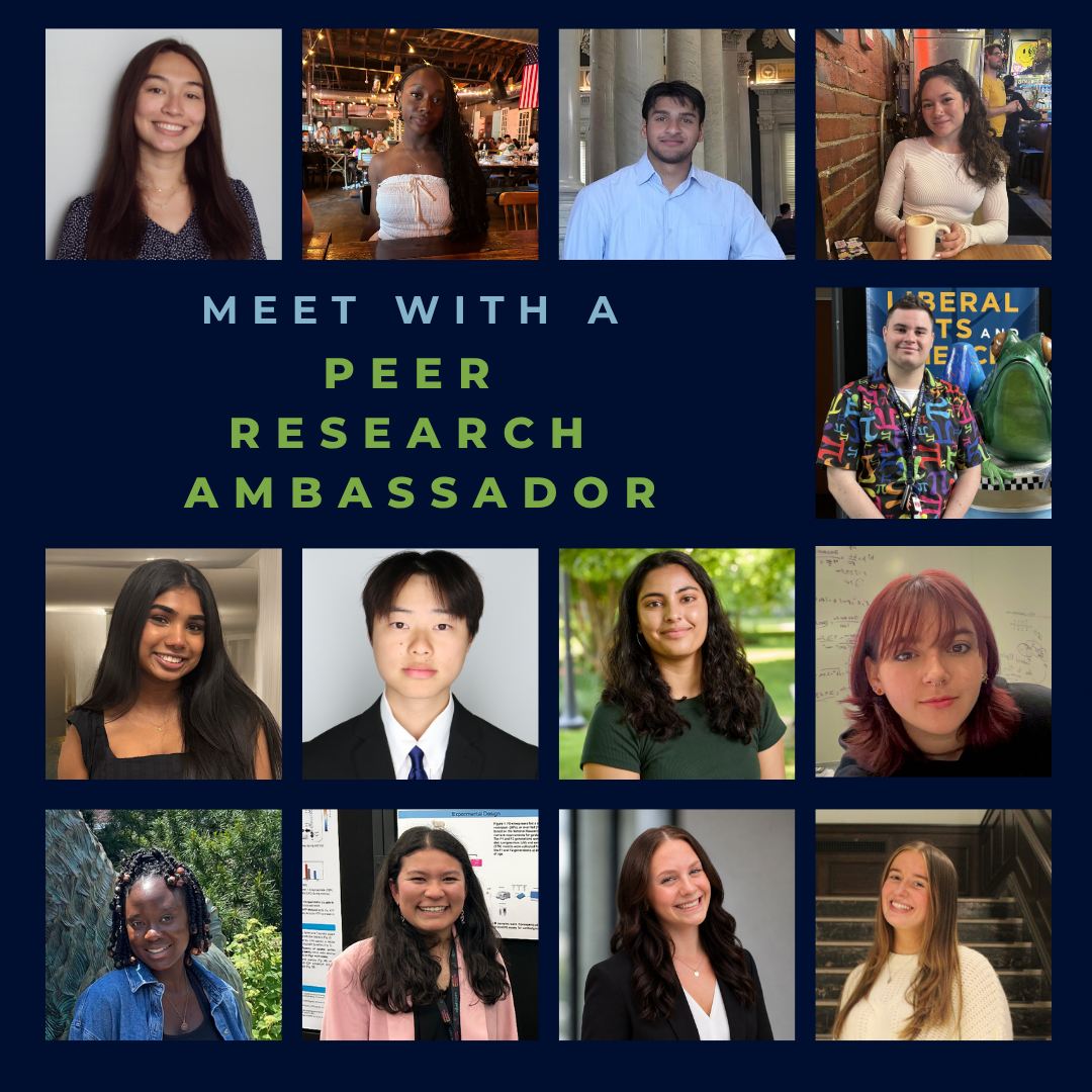 Photos of our Peer Research Ambassadors with the text "Meet with a Peer Research Ambassador" overlaying.