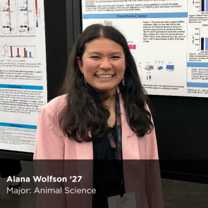 Image of a Peer Research Ambassador with this text overlaying: "Alana Wolfson ‘27 Major: Animal Science"