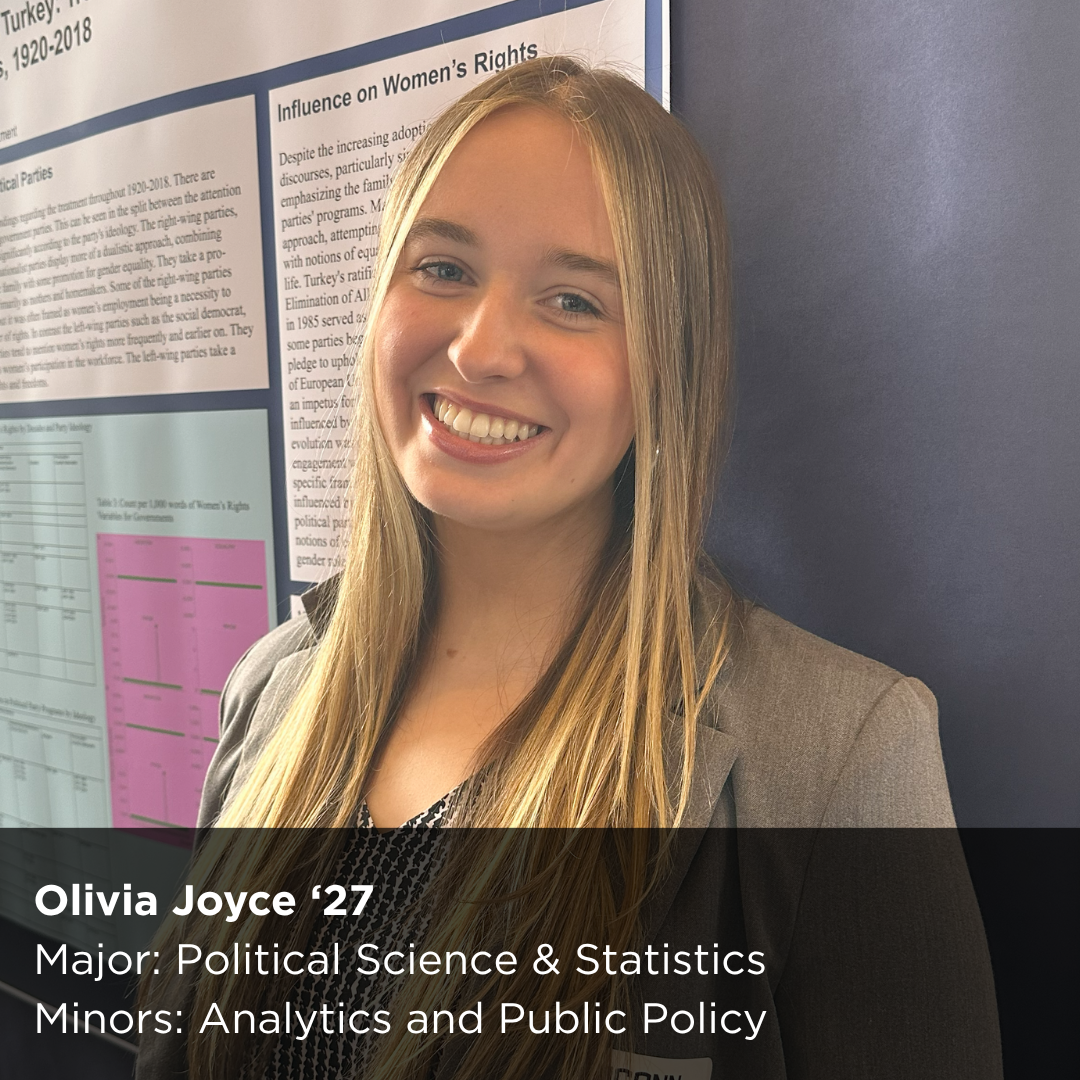 Image of a peer research ambassador with text Major; Political Science and Statistics; Minors: Analytics and Public Policy