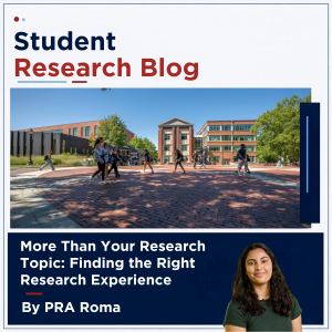 Image of students walking with the text "Student Research Blog" overhead and the title "More Than Your Research Topic: Finding the Right Research Experience by PRA Roma" underneath. Image of Roma is next to the title.